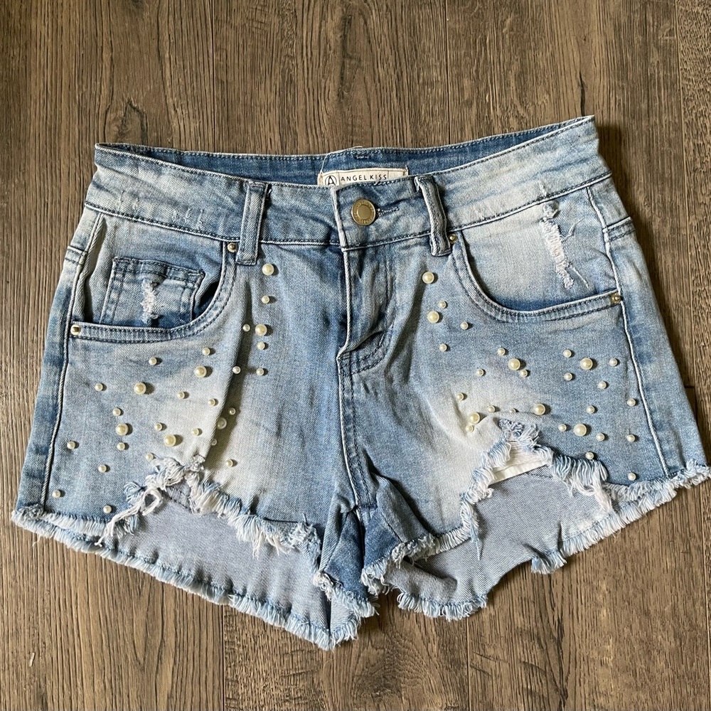 Angel Kiss Mid Rise Distressed Denim Shorts with Pearls, Size 1